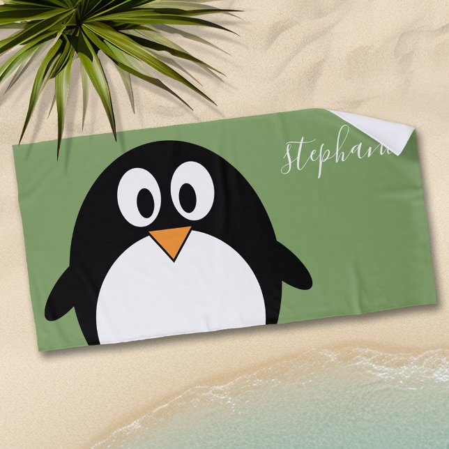 Cute Penguin with Whimsical green handwritten name Beach Towel (Personalized Beach Towel - Add Name)