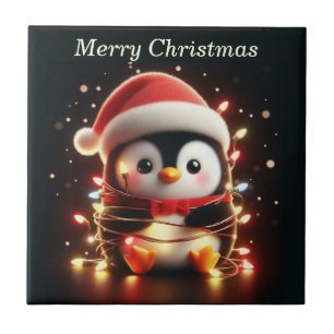 Cute Penguin Wrapped in Christmas Lights Ceramic Tile