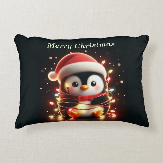 Cute Penguin Wrapped in Christmas Lights Decorative Cushion (Front)