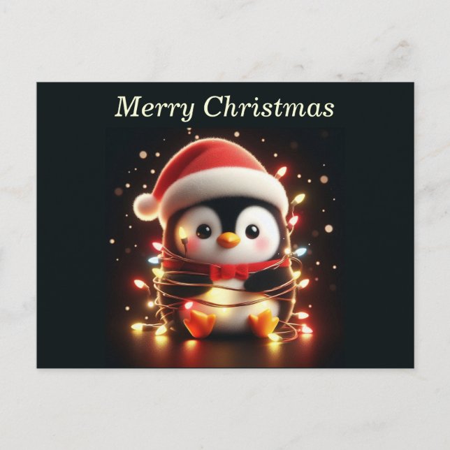 Cute Penguin Wrapped in Christmas Lights Holiday Postcard (Front)
