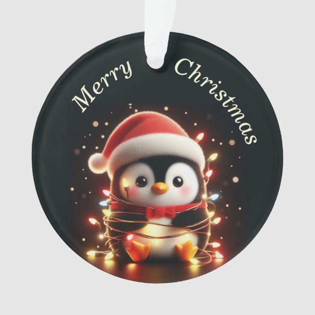 Cute Penguin Wrapped in Christmas Lights Ornament (Front)