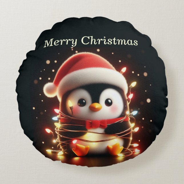 Cute Penguin Wrapped in Christmas Lights Round Cushion (Front)