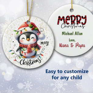 Cute Penguin Wrapped in Lights Kid's Christmas Ceramic Ornament