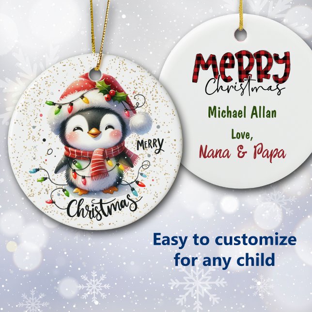 Cute Penguin Wrapped in Lights Kid's Christmas Ceramic Ornament (Creator Uploaded)