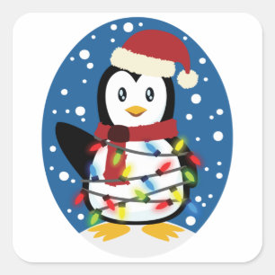 Cute Penguin Xmas Santa Winter Holiday Gift Square Sticker