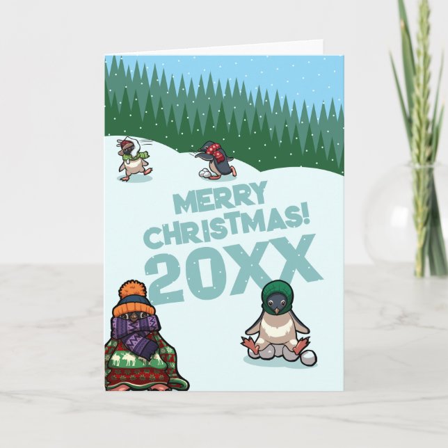 Cute Penguins Add The Year Merry Christmas! Winter Holiday Card (Front)