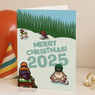 Cute Penguins Add The Year Merry Christmas! Winter Holiday Card