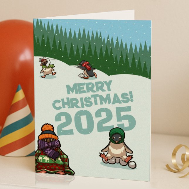 Cute Penguins Add The Year Merry Christmas! Winter Holiday Card (Creator Uploaded)