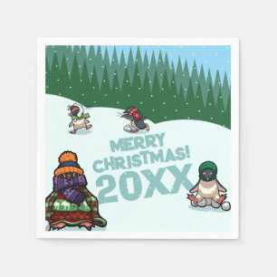 Cute Penguins Add The Year Merry Christmas! Winter Napkin