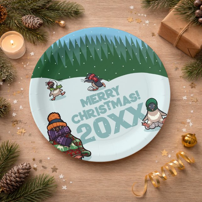 Cute Penguins Add The Year Merry Christmas! Winter Paper Plate (Creator Uploaded)