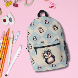 Cute Penguins Adorned with Flowers Printed Backpack