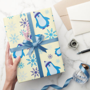 Cute Penguins and Blue Snowflakes Yellow Seamless Wrapping Paper