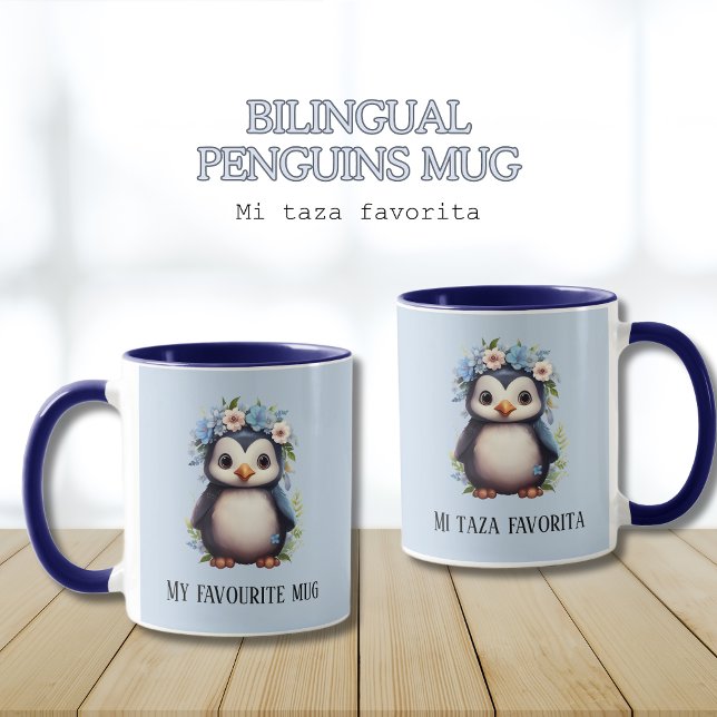 Cute Penguins Blue Custom Bilingual Spanish Text Mug (Bilingual blue mug, penguins, spanish mi taza favorita. custom language. Multilingual Project.)