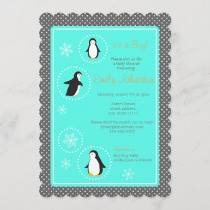 cute penguins boy baby shower invitation
