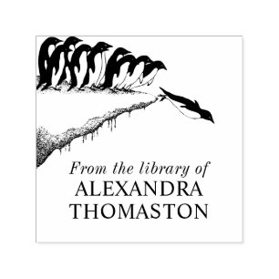 Cute Penguins Cliff Diving Library Book Name Self-inking Stamp