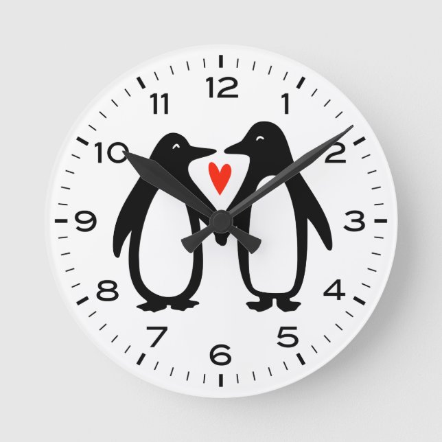 Cute Penguins Couple Holding Hands Round Clock (Front)
