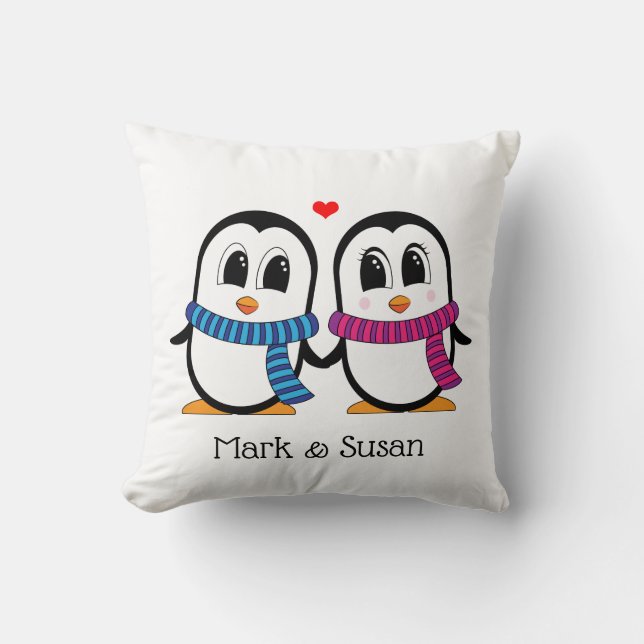 Cute Penguins Couple Throw Pillows (Front)