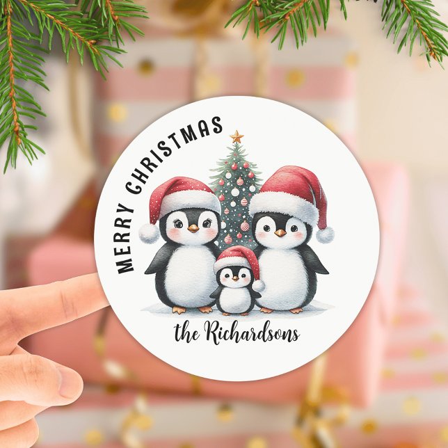 Cute Penguins Custom Family Name Merry Christmas Classic Round Sticker (Creator Uploaded)