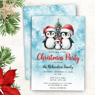 Cute Penguins Family Festive Christmas Party Invitation