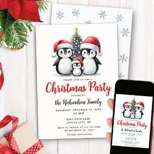 Cute Penguins Family Festive Pine Tree Christmas Invitation