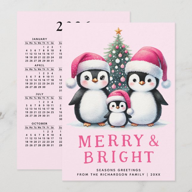 Cute Penguins Family Merry & Bright Pink Christmas Holiday Card (Front/Back)