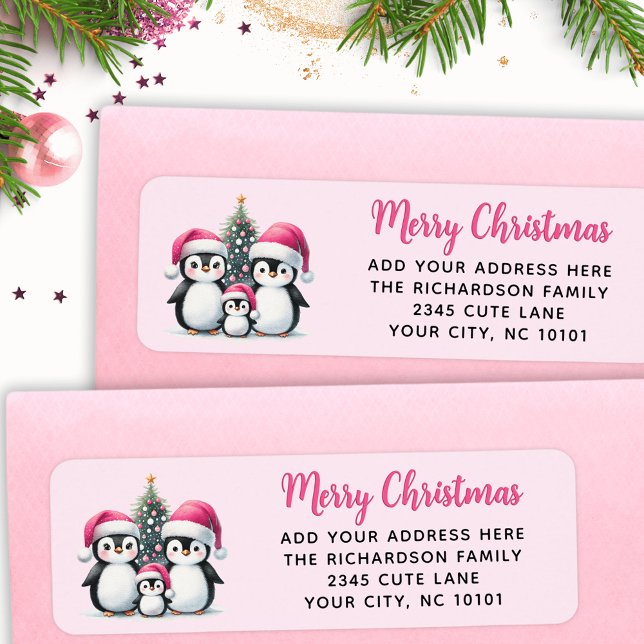 Cute Penguins Family Merry Christmas Pink Return Address Label (Creator Uploaded)