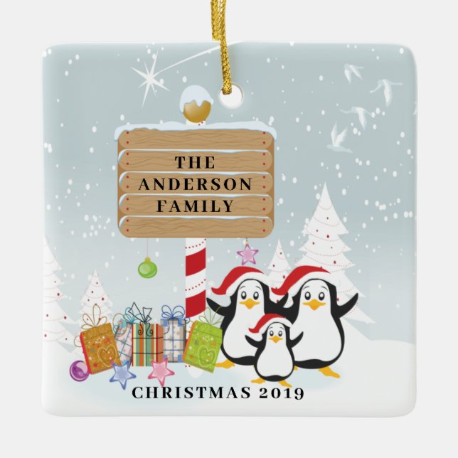 Cute Penguins Family of 3 Christmas Ornament (Front)