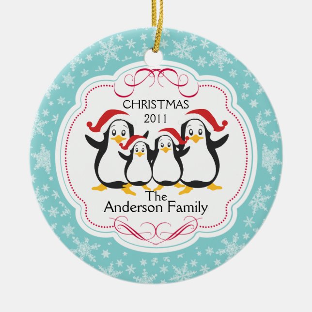 Cute Penguins Family of 4 Christmas Ornament (Front)