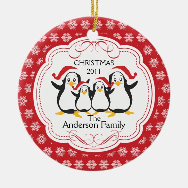 Cute Penguins Family of 4 Christmas Ornament (Front)