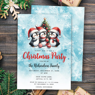 Cute Penguins Festive Blue and Red Christmas Party Invitation