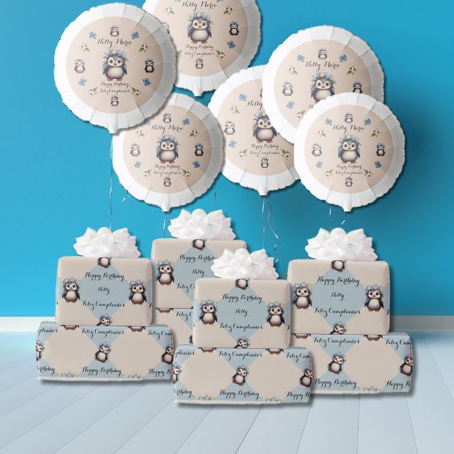 Cute Penguins for Girl Bilingual Happy Birthday  Wrapping Paper (Cute Penguins, Bilingual Wrapping Paper. Customizable, personalized. Multilingual Project)