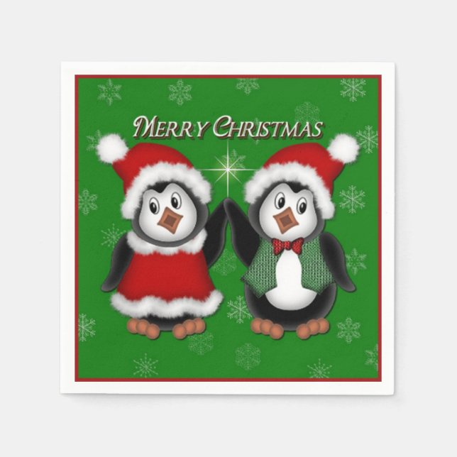 Cute Penguins Green Merry Christmas Napkins (Front)