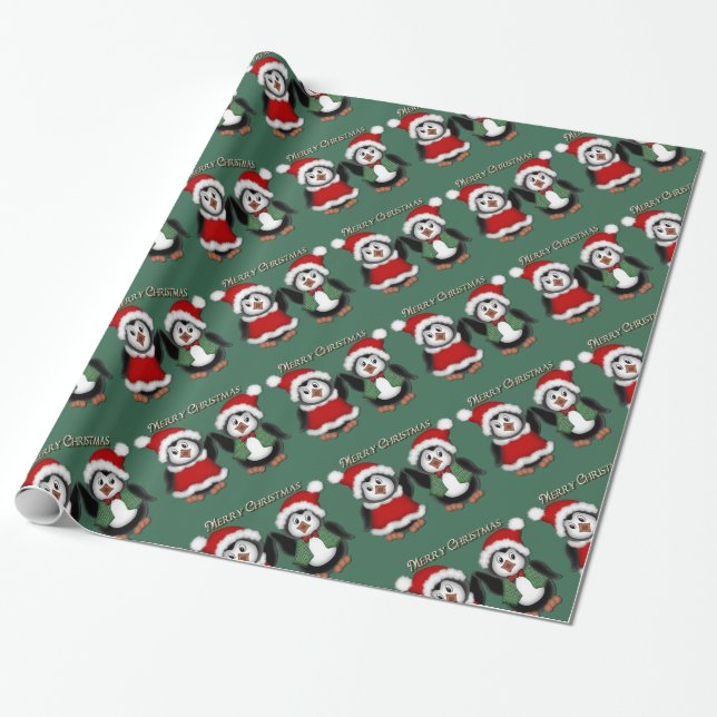 Cute Penguins Green Merry Christmas Wrapping Paper (Unrolled)