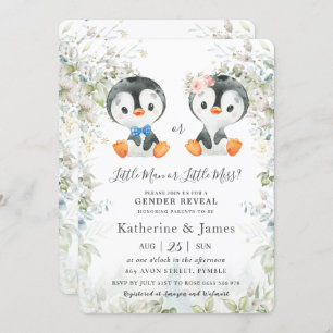 Cute Penguins Greenery Gender Reveal Baby Shower Invitation