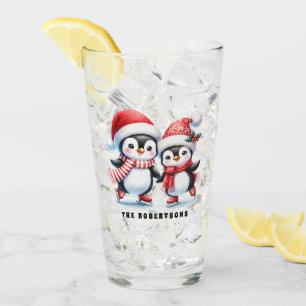 Cute Penguins Ice Skaters Custom Family Christmas Glass