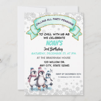 Cute Penguins Ice-skating Birthday Invitation