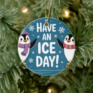 Cute Penguins Ice Skating Cartoon, Have an Ice Day Ceramic Ornament