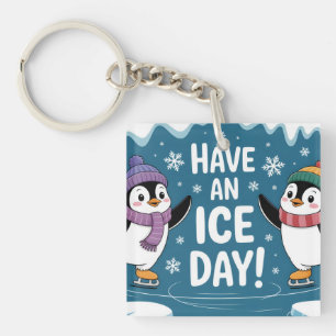 Cute Penguins Ice Skating Cartoon, Have an Ice Day Key Ring