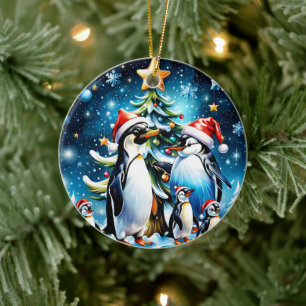 Cute penguins in a cheerful cartoon style, ceramic ornament