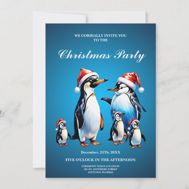 Cute penguins in a cheerful cartoon style' invitation (Front)