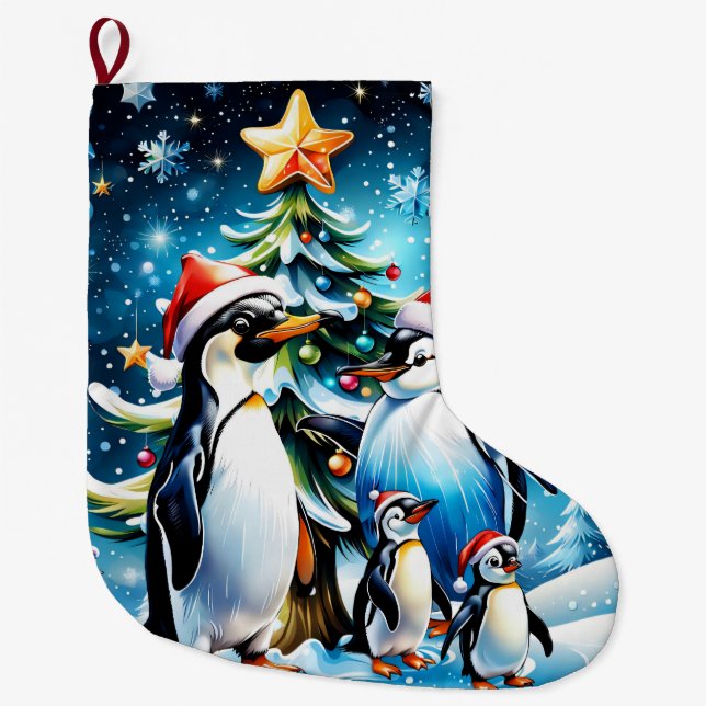 Cute penguins in a cheerful cartoon style,  large christmas stocking (Front)