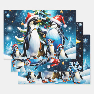 Cute penguins in a cheerful cartoon style wrapping paper sheet