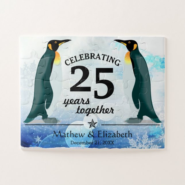 Cute Penguins in Snow | 25th Wedding Anniversary Jigsaw Puzzle (Horizontal)