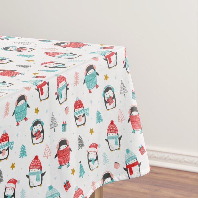 Cute penguins in the snow. Printed on white Tablecloth (In Situ)
