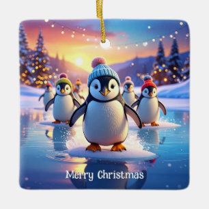 Cute Penguins in Winter Hats on Frozen Ice Ceramic Ornament