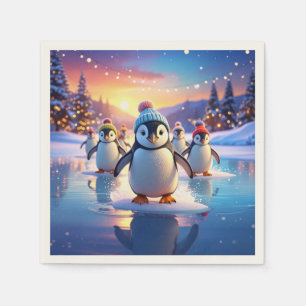 Cute Penguins in Winter Hats on Frozen Ice Napkin