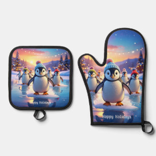 Cute Penguins in Winter Hats on Frozen Ice Oven Mitt & Pot Holder Set