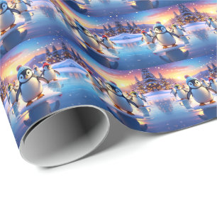 Cute Penguins in Winter Hats on Frozen Ice Wrapping Paper