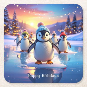 Cute Penguins in Winter Hats Paper Coaster
