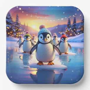 Cute Penguins in Winter Hats Paper Plate